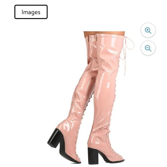 Cape Robbin light Pink Patent Synthetic Thigh High LaceUp Chunky Heel Bo… - Picture 3 of 12